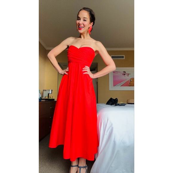 TOCCIN x RTR Red Sweetheart Neckline Strapless Flowy Skirt Midi Dress Size 14 - Picture 4 of 16